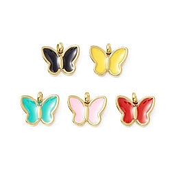 Mixed Color Vacuum Plating 304 Stainless Steel Enamel Pendants, Light Gold, Butterfly, Mixed Color, 11x12.5x4mm, Hole: 2mm