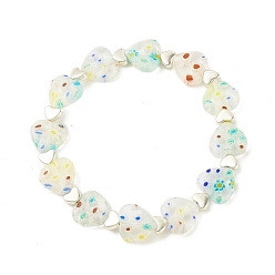 Blanc Bracelet extensible fait main millefiori au chalumeau et perles de coeur en alliage, bracelet fleur pour femme, blanc, diamètre intérieur: 1-7/8 pouce (4.8 cm)