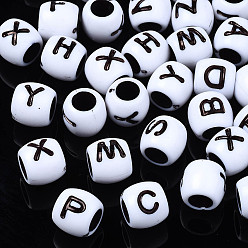 Letter A~Z Opaque Acrylic European Beadss, Large Hole Beads, Barrel with Alphabet, Letter A~Z, 9x8mm, Hole: 5mm, about 1519pcs/500g