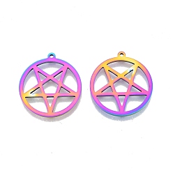 Rainbow Color Ion Plating(IP) 201 Stainless Steel Pendants, Hollow, Ring with Star, Rainbow Color, 27x25x1.5mm, Hole: 1.4mm