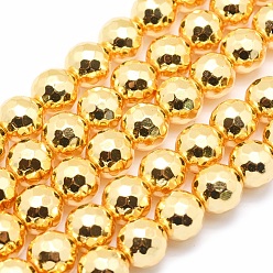 Golden Plated Electroplate Non-magnetic Synthetic Hematite Beads Strands, Grade AAA, Long-Lasting Plated, Faceted, Round, Golden Plated, 8mm, Hole: 1mm, about 53pcs/strand, 15.7 inch(40cm)
