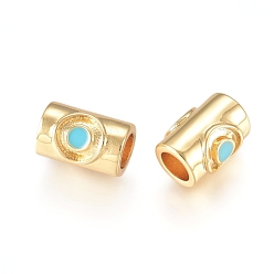 Turquoise Brass Enamel Beads, Column, Golden, Turquoise, 9.5x6.5x6mm, Hole: 3.8mm