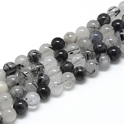 Rutilated Quartz Natural Black Rutilated Quartz Beads Strands, Round, 8~9mm, Hole: 1mm, about 45~48pcs/strand, 15.7 inch