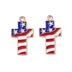 Colorful American Flag Style Alloy Enamel Pendants, Light Gold, Cross with Star Charm, Colorful, 23x12.5x1.5mm, Hole: 2mm