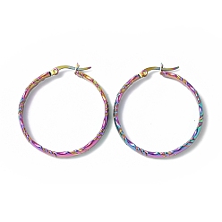 Rainbow Color Ion Plating(IP) 304 Stainless Steel Flat Hoop Earrings for Women, Rainbow Color, 36.5x35x4.5mm, Pin: 0.7x0.9~1.4mm
