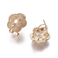 Golden Brass Micro Pave Cubic Zirconia Stud Earring Findings, French Clip Earrings, with Loop, Flower, Clear, Golden, 18x15x12mm, Hole: 1.8mm, Pin: 0.7mm