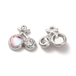 Pink Alloy Pendant, with Glass, Platinum, Lead Free & Cadmium Free, Cherry Charm, Pink, 14x15x5mm, Hole: 1.5mm