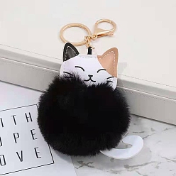 Black Faux Fur White Cat Pendant Keychain, Cute Kitten Golden Tone Alloy Key Ring Ornament, Black, 11cm