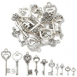 Antique Silver 20Pcs 10 Style Tibetan Style Alloy Pendants, Skeleton Key Pendants, Antique Silver, 15.5~50x7~19x1~5mm, Hole: 1~4mm, 2pcs/style