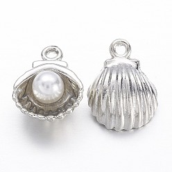 Platinum Alloy Charms, with Acrylic Pearl, Shell, Platinum, 12x9x5.5mm, Hole: 1mm