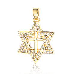 Real 18K Gold Plated Brass Micro Pave Clear Cubic Zirconia Pendants, Star of David with Cross Charms, Real 18K Gold Plated, 24x21x2.3mm