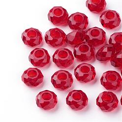 Rouge Foncé Perles européennes en verre, Perles avec un grand trou   , pas de noyau métallique, rondelle, rouge foncé, 14x8mm, Trou: 5mm
