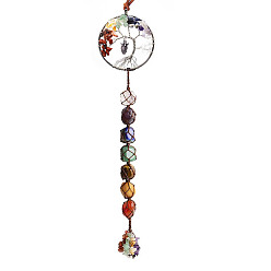Silver Chakra Theme Big Pendant Decorations, Hand Knitting with Owl Charm, Natural Gemstone Beads and Stone Chips Tassel, Flat Round with Tree of Life, Silver Color Plated, 35cm