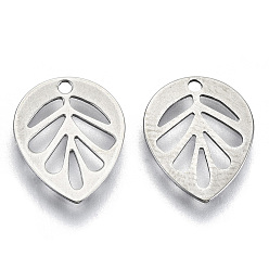 Stainless Steel Color 201 Stainless Steel Charms, Laser Cut, Hollow, Leaf, Stainless Steel Color, 13x10.5x0.5mm, Hole: 1.2mm