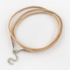 BurlyWood Waxed Cotton Cord Necklace Making, with Alloy Lobster Claw Clasps and Iron End Chains, Platinum, BurlyWood, 17.3 inch