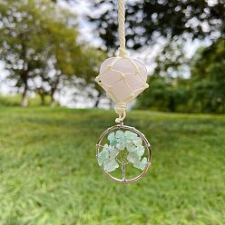 Aventurine Verte Coeur décoration pendentif en quartz rose naturel, avec éclats d'aventurine verte naturelle et apprêts en alliage, arbre de la vie, 130x30mm