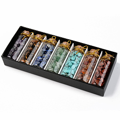 Mixed Stone Mini Glass Wishing Bottles, with Gemstone Chip Beads inside, for Home Decoration, 5~15x3~7x2~6mm, Bottle: 65x24mm, 7bottle/box