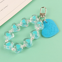 Deep Sky Blue Imitation Leather Pendants Keychain, with Resin Beads and Alloy Findings, Heart with Word, Deep Sky Blue, Heart: 3x3.8cm