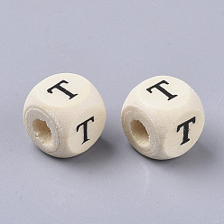 Letter T Perles de bois naturel imprimées, trou horizontal, cube avec la lettre initiale, papayawhip, letter.t, 10x10x10mm, Trou: 3.5mm, environ1000 pcs / 500 g