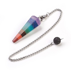 Mixed Stone Natural/Synthetic Mixed Stone Chakra Hexagonal Pointed Dowsing Pendulums, with 304 Stainless Steel Findings, Cone/Spike, 258x2.5mm, Hole: 2mm, Pendant: 46x16x14mm