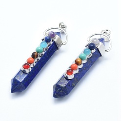Lapis Lazuli Chakra Jewelry, Natural Lapis Lazuli Double Terminated Pointed Pendants, with Natural & Synthetic Mixed Stone Alloy Findings, Bullet, Platinum, 58~61x16.5~18x15.5~16mm, Hole: 4.5x7.5mm