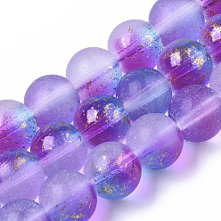 Violet Bleu Brins de perles de verre peintes à la bombe givrée, avec une feuille d'or, ronde, bleu violet, 10~11mm, Trou: 1.4~1.6mm, Environ 39~42 pcs/chapelet, 14.84 pouces ~ 15.27 pouces (37.7~38.8 cm)