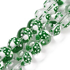 Green Handmade Lampwork Beads Strands, Round with Mushroom, Green, 12~12.5x11.5mm, Hole: 1.2mm, about 30pcs/strand, 13.78''(35cm)