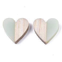 Бледно-бирюзовый Двухцветные кабошоны из смолы и дерева, сердце, бледные бирюзовая, 15x14.5x3 мм