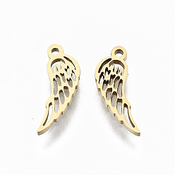 Real 14K Gold Plated 304 Stainless Steel Charms, Laser Cut, Wing, Real 14K Gold Plated, 10.5x3.5x1mm, Hole: 0.8mm