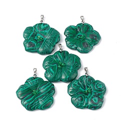 Malachite Natural Malachite Big Pendants, Peach Blossom Charms, with Platinum Plated Alloy Snap on Bails, 57x48x9mm, Hole: 6x4mm