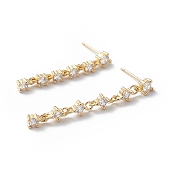 Real 18K Gold Plated Clear Cubic Zirconia Tassel Dangle Stud Earrings, Brass Jewelry for Women, Cadmium Free & Lead Free, Real 18K Gold Plated, 28x3.5mm, Pin: 0.7mm