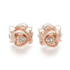 Rose Gold Alloy European Beads, Large Hole Beads, with Rhinestone, Flower, Crystal, Rose Gold, 10x7mm, Hole: 4.5mm