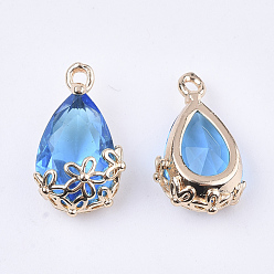 Dodger Blue Transparent Glass Pendants, for DIY Jewelry Making, with Brass Findings, Faceted, teardrop, with Flower, Light Gold, Dodger Blue, 16x9x6mm, Hole: 1.2mm