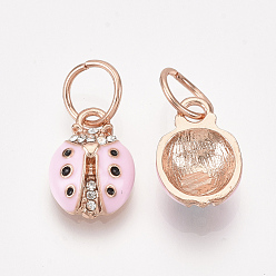 Rose Gold Alloy Charms, with Rhinestone and Enamel, Ladybug, Pink, Crystal, Rose Gold, 14.5x10x4mm, Hole: 6mm