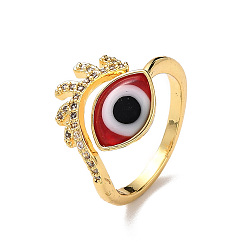 Rouge Bague de manchette mauvais œil au chalumeau avec zircone cubique transparente, bijoux en laiton plaqué or véritable 18k pour femmes, rouge, diamètre intérieur: 18 mm