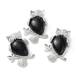 Black Agate Natural Black Agate Teardrop Pendant Rhinestone Settings, Rack Plating Platinum Plated Brass Owl Charms, Long-Lasting Plated, Fit for 1.8mm Rhinestone, 34.5x24x7.5~8mm, Hole: 5x3mm