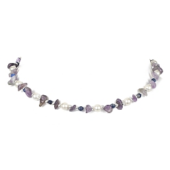 Amethyst Natural Amethyst & Lapis Lazuli Chips & Shell Pearl Beaded Necklace for Women, 15.94 inch(40.5cm)