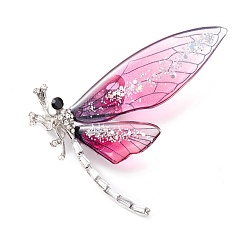 Rosa Oscura Pin de esmalte de libélula, exquisito broche de diamantes de imitación de aleación de insectos para mujer niña, Platino, de color rosa oscuro, 47x60x2 mm, pin: 0.7 mm