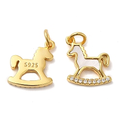 Real 18K Gold Plated 925 Sterling Silver Micro Pave Cubic Zirconia Charms, Rocking Horse Charm, with Shell & Jump Ring & 925 Stamp, Real 18K Gold Plated, 13x11x2mm, Hole: 2.5mm
