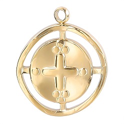 Golden Stainless Steel Pendants, Flat Round with Cross, Golden, 17x14mm, Hole: 1mm