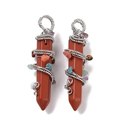 Red Jasper Natural Red Jasper Pointed Big Pendants, with Platinum Plated Rack Plating Brass Findings and Mixed Stone Chip Beads, Cadmium Free & Lead Free, Faceted, Bullet Charm, 64~68x16~17x16~17mm, Hole: 7.5mm