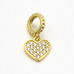 Golden CZ Brass Micro Pave AAA Cubic Zirconia Large Hole European Dangle Charms, Heart, Lead Free & Nickel Free & Cadmium Free, Golden, 9x9x1mm, Hole: 4mm