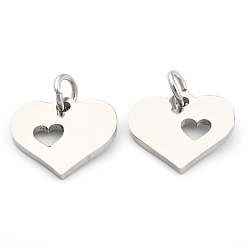 Stainless Steel Color 304 Stainless Steel Pendants, Heart with Heart, Stainless Steel Color, 12x12.5x1mm, Hole: 3mm