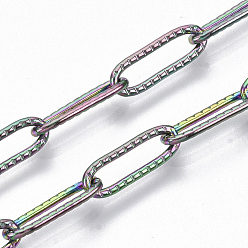 Rainbow Color Ion Plating(IP) 304 Stainless Steel Textured Paperclip Chains, Drawn Elongated Cable Chains, Soldered, Rainbow Color, 12x4x1mm, about 39.37 inch(1m)/strand
