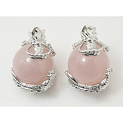 Pink Natural Rose Quartz Pendants, with Brass Findings, Dragon with Round, Pink, 27x22mm, Hole: 5mm