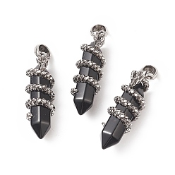 Obsidiana Colgantes puntiagudos de doble terminal de obsidiana natural, amuletos de bala facetados con dragón de aleación de tono plateado antiguo envuelto, 47x14.5x15 mm, agujero: 7.5x6.5 mm