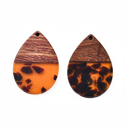 Orange Transparent Resin & Walnut Wood Pendants, Teardrop Charm, Orange, 36x24.5x3mm, Hole: 2mm
