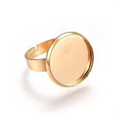 Oro Componentes de anillos de dedo de acero inoxidable ajustables 201, fornituras base de anillo almohadilla, plano y redondo, dorado, tamaño de 7, 17~17.5 mm, Bandeja: 16 mm
