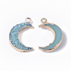 Sky Blue Druzy Resin Pendants, with Edge Light Gold Plated Iron Loops, AB Color Plated, Moon, Sky Blue, 23~24x15.5x5mm, Hole: 1.8mm