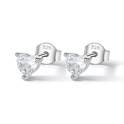 Clear Rhodium Plated Sterling Silver Heart Stud Earrings, with Cubic Zirconia, with 925 Stamp, Clear, 6mm